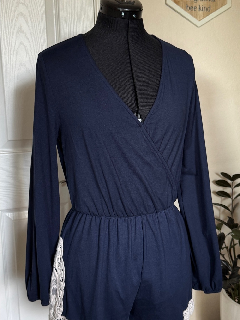 Altar'd State Navy Blue Long-Sleeve Wrap Romper